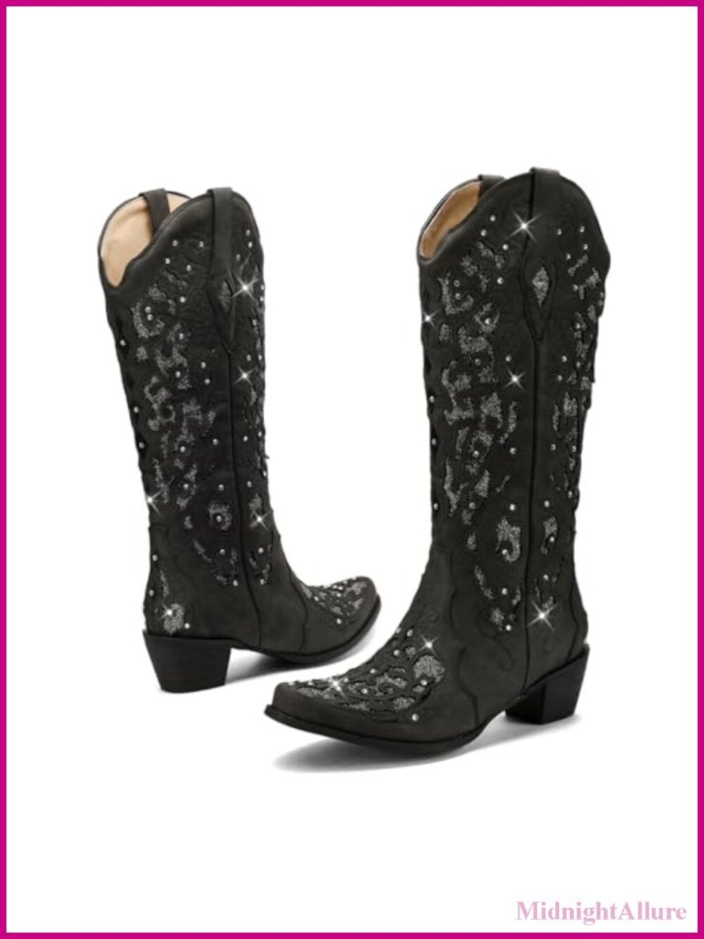Rhinestone Cowboy Boots Mid Calf Chunky Heel Western Sparkle